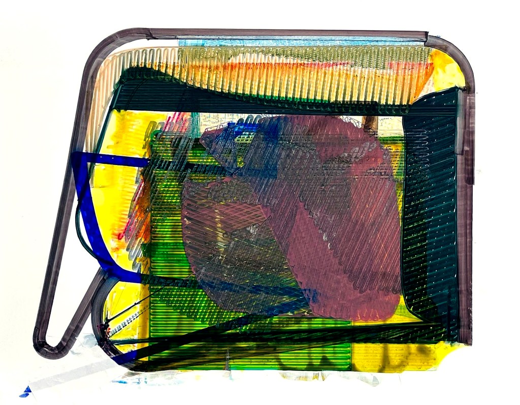 Cattywompus (WHENEVERwhen).  Acrylic, Sharpie, alcohol markers, highlighters, and paint markers on YUPO. 11x14 inches. 2022.